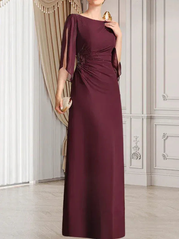 Refined Sheath Bateau-neck Beaded Chiffon Burgundy Floor-length Mother of the Bride Dress for Women Custom