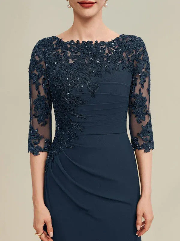 Refined Sheath Bateau-neck Lace Sleeve Navy Floor-length Mother of the Bride Dress for Women Ready to Ship