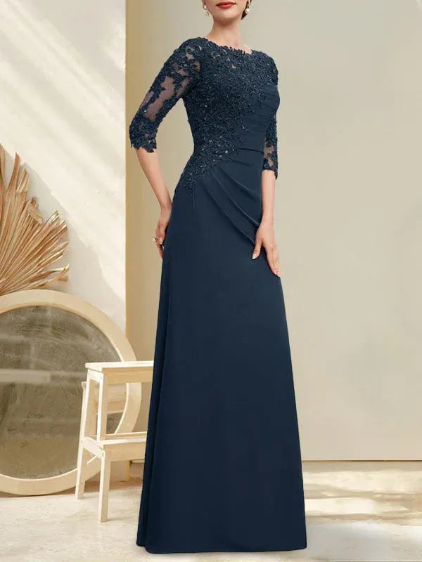 Refined Sheath Bateau-neck Lace Sleeve Navy Floor-length Mother of the Bride Dress for Women Ready to Ship