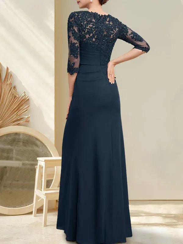 Refined Sheath Bateau-neck Lace Sleeve Navy Floor-length Mother of the Bride Dress for Women Ready to Ship