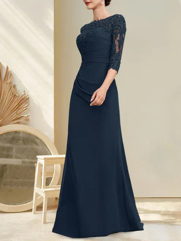 Refined Sheath Bateau-neck Lace Sleeve Navy Floor-length Mother of the Bride Dress for Women Ready to Ship