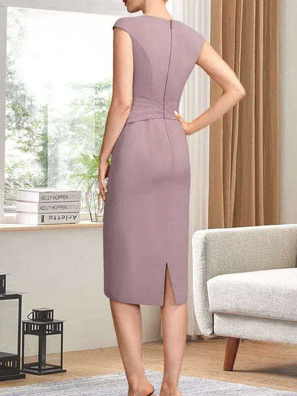 Refined Sheath Crew-neck Sleeveless Bow-trimmed Dusty Rose Tea-length Mother of the Bride Dresses for Women Ready to Ship