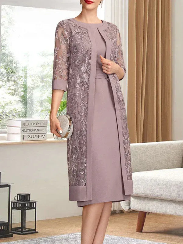 Refined Sheath Crew-neck Sleeveless Bow-trimmed Dusty Rose Tea-length Mother of the Bride Dresses for Women Ready to Ship