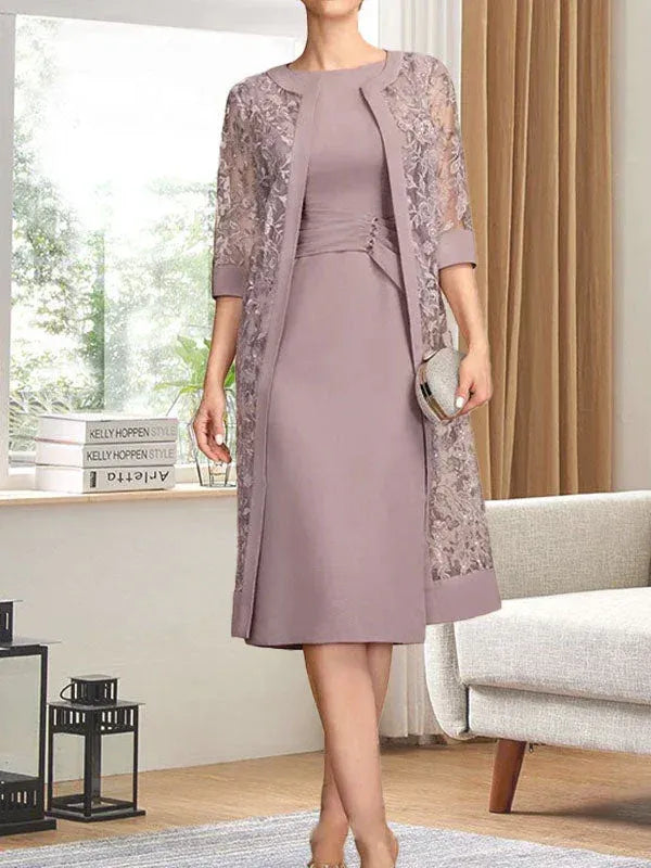 Refined Sheath Crew-neck Sleeveless Bow-trimmed Dusty Rose Tea-length Mother of the Bride Dresses for Women Ready to Ship