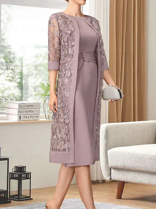 Refined Sheath Crew-neck Sleeveless Bow-trimmed Dusty Rose Tea-length Mother of the Bride Dresses for Women Ready to Ship