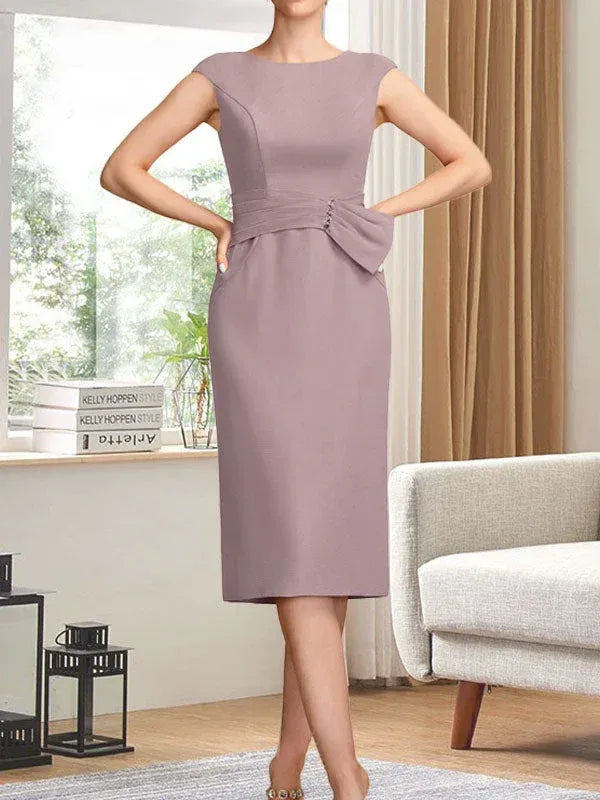 Refined Sheath Crew-neck Sleeveless Bow-trimmed Dusty Rose Tea-length Mother of the Bride Dresses for Women Ready to Ship