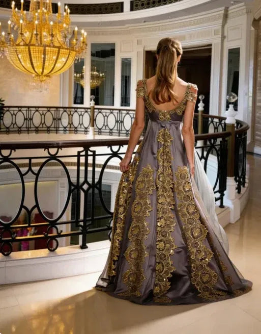 Regal A-Line Cap Sleeve Gold Lace Embellished Satin Gray Floor Length Evening Dress