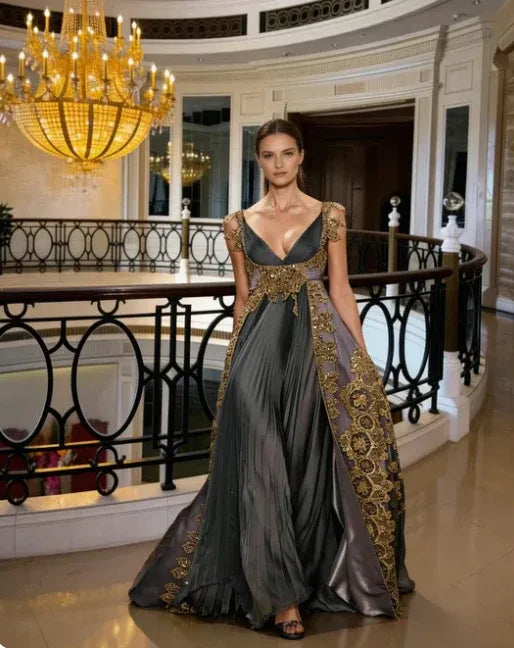Regal A-Line Cap Sleeve Gold Lace Embellished Satin Gray Floor Length Evening Dress