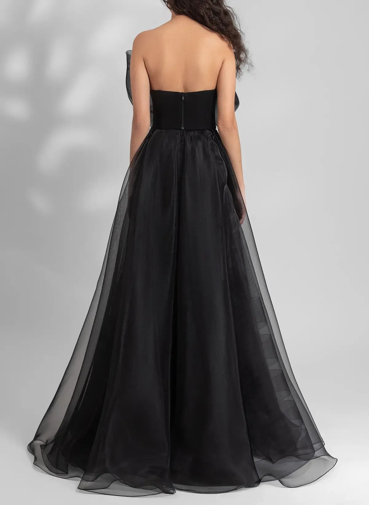 Regal A-Line Strapless Bow Ruffle Organza Black Floor-Length Prom Dress Hot Sale