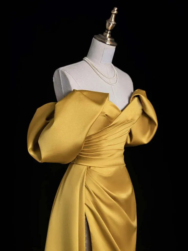 Regal A-Line Off-Shoulder Puff-Sleeve Lace-Up Satin Mustard Yellow Maxi Evening Dress for Women