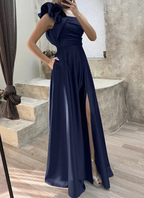 Regal A-Line One-Shoulder Ruffle High Slit Navy Floor-Length Prom Dress With Pockets