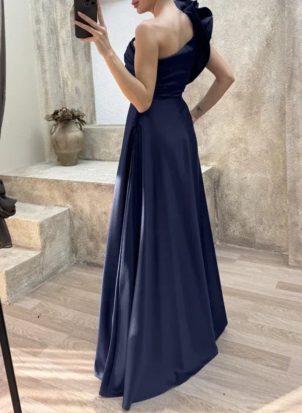 Regal A-Line One-Shoulder Ruffle High Slit Navy Floor-Length Prom Dress With Pockets