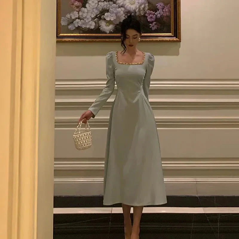 Regal A-Line Square-Neck Long-Sleeve Embellished Sage Midi Prom Dress for Women Ready to Ship