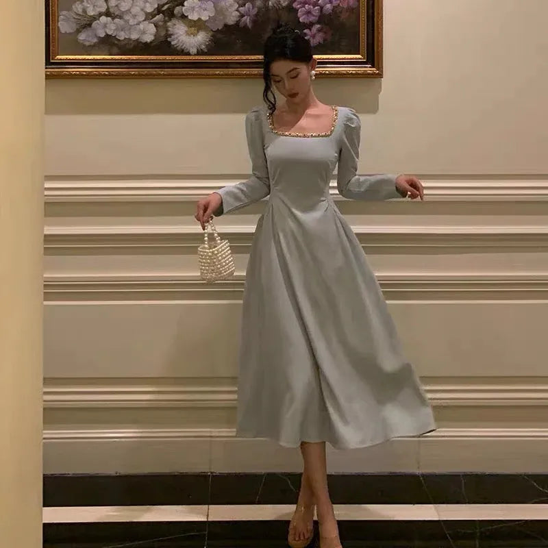 Regal A-Line Square-Neck Long-Sleeve Embellished Sage Midi Prom Dress for Women Ready to Ship