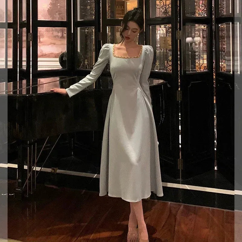 Regal A-Line Square-Neck Long-Sleeve Embellished Sage Midi Prom Dress for Women Ready to Ship