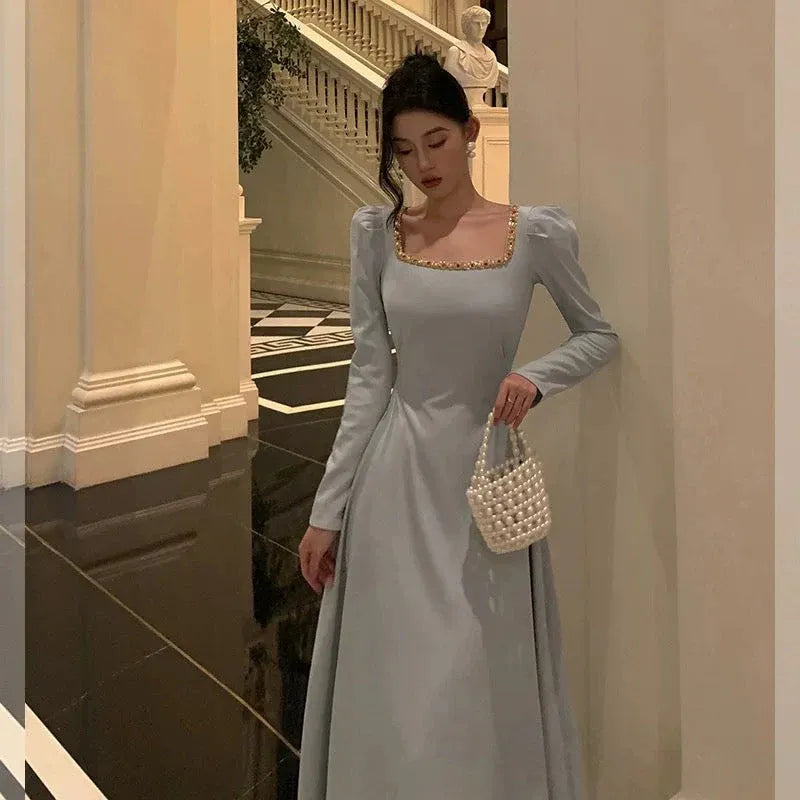Regal A-Line Square-Neck Long-Sleeve Embellished Sage Midi Prom Dress for Women Ready to Ship