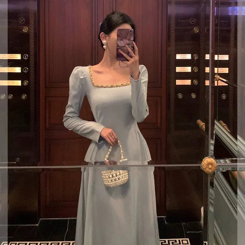 Regal A-Line Square-Neck Long-Sleeve Embellished Sage Midi Prom Dress for Women Ready to Ship