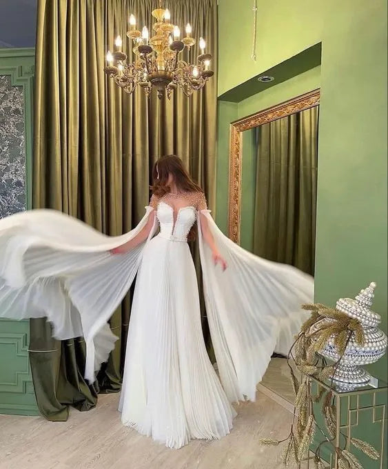Regal A-Line Sweetheart Cape-Sleeve Beaded Chiffon White Maxi Evening Dress for Women