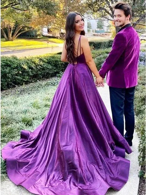 Regal A-Line Sweetheart Neck Sleeveless Satin Plum Purple Maxi Prom Dress for Women Ready to Ship