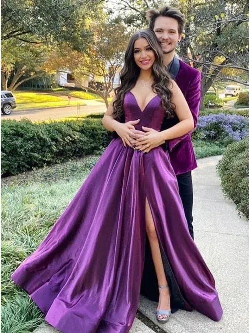 Regal A-Line Sweetheart Neck Sleeveless Satin Plum Purple Maxi Prom Dress for Women Ready to Ship