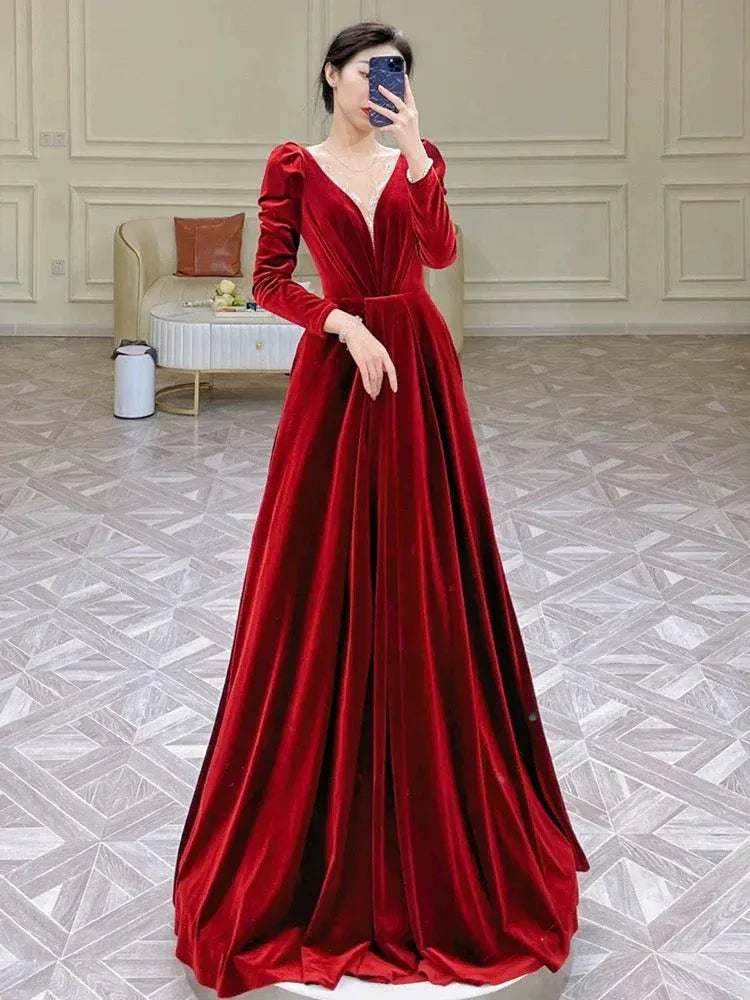Regal A-Line V-Neck Puff-Sleeve Velvet Burgundy Maxi Prom Dress for Women ready to ship