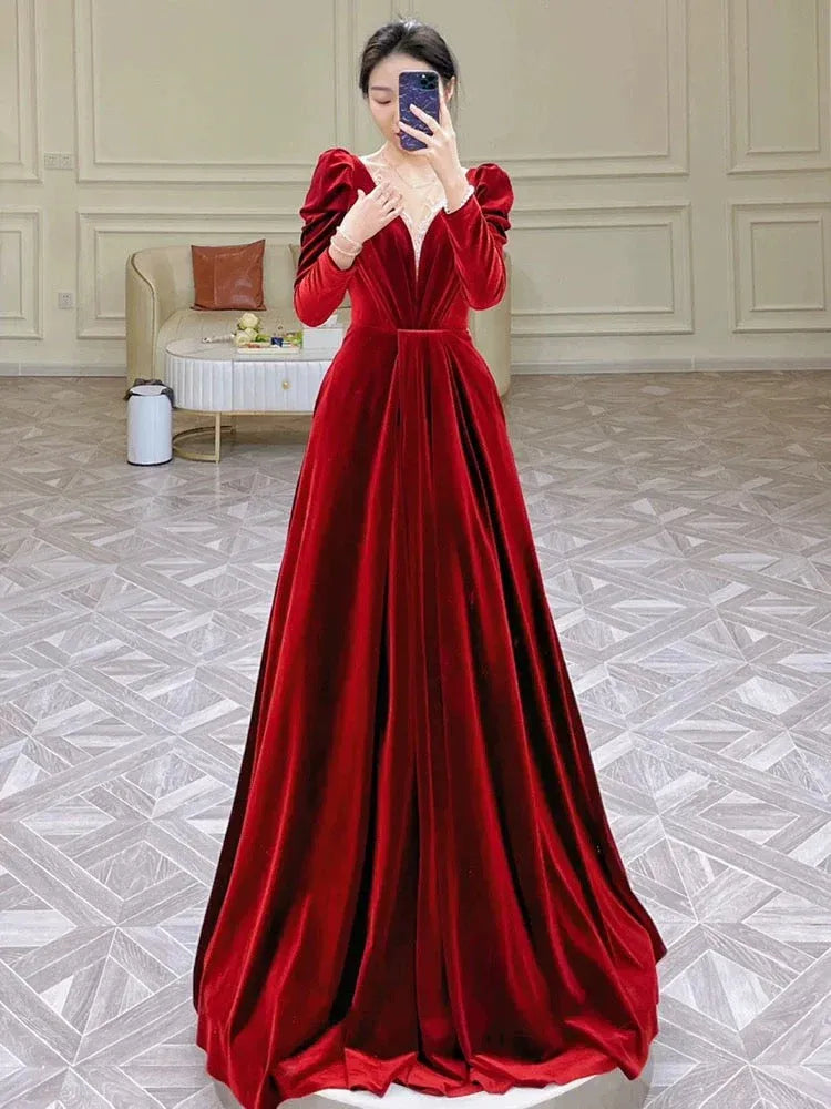 Regal A-Line V-Neck Puff-Sleeve Velvet Burgundy Maxi Prom Dress for Women ready to ship