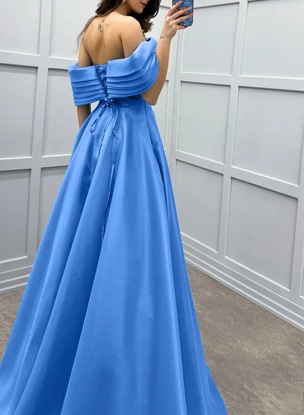 Regal A-line Off-Shoulder Pleated Satin Blue Floor-Length Prom Dress Hot Sale
