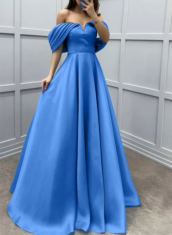 Regal A-line Off-Shoulder Pleated Satin Blue Floor-Length Prom Dress Hot Sale