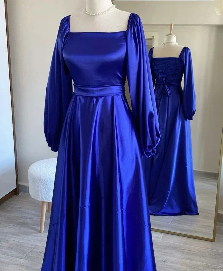 Regal A-line Square-Neck Long-Sleeve Satin Royal-Blue Maxi Prom Dress for Women Custom