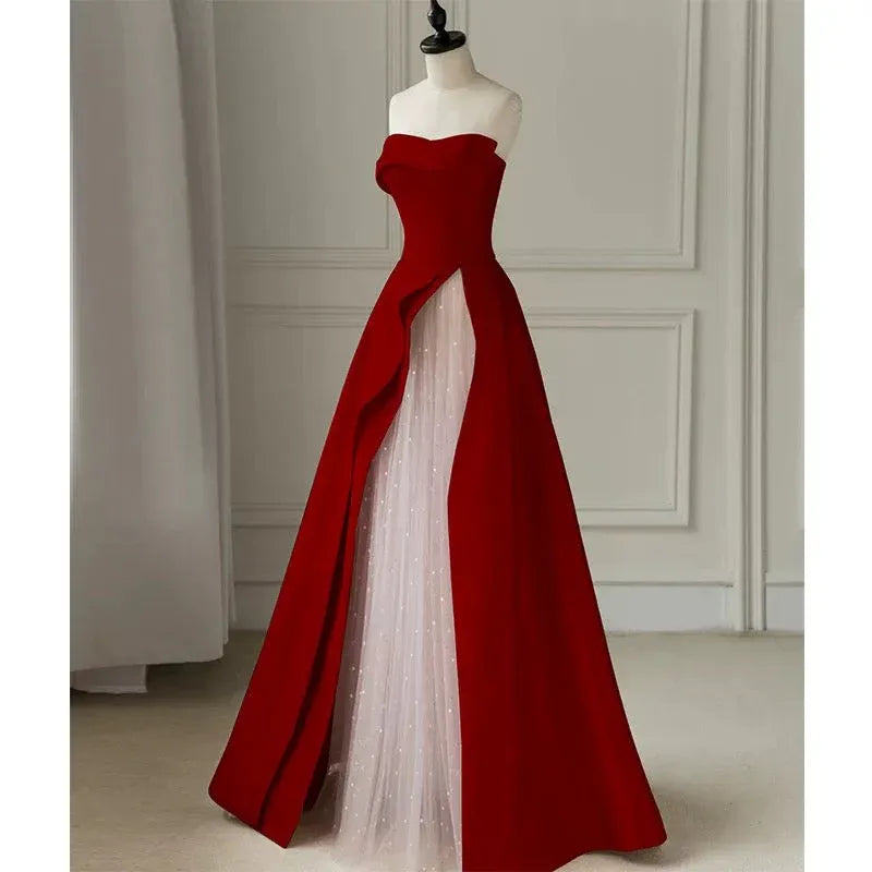 Regal A-line Strapless Sleeveless Sheer-paneled Red Maxi Prom Dress for Women Custom