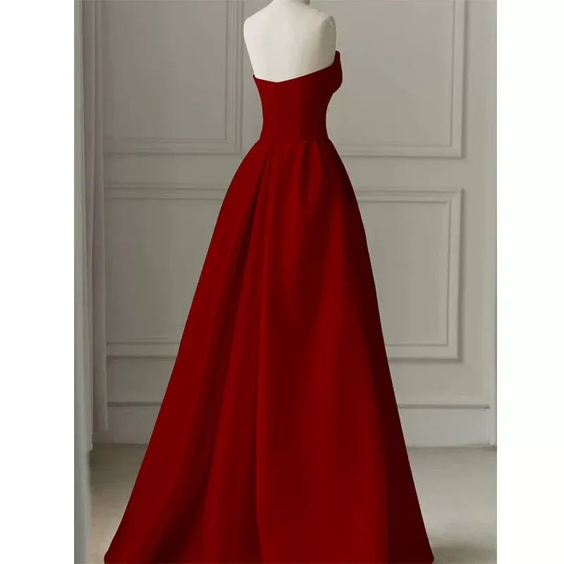 Regal A-line Strapless Sleeveless Sheer-paneled Red Maxi Prom Dress for Women Custom