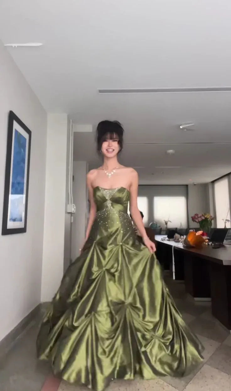 Regal Ball-Gown Strapless Beaded Gathered Satin Olive Floor-Length Prom Dress