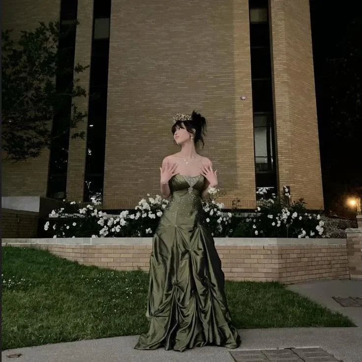 Regal Ball-Gown Strapless Beaded Gathered Satin Olive Floor-Length Prom Dress
