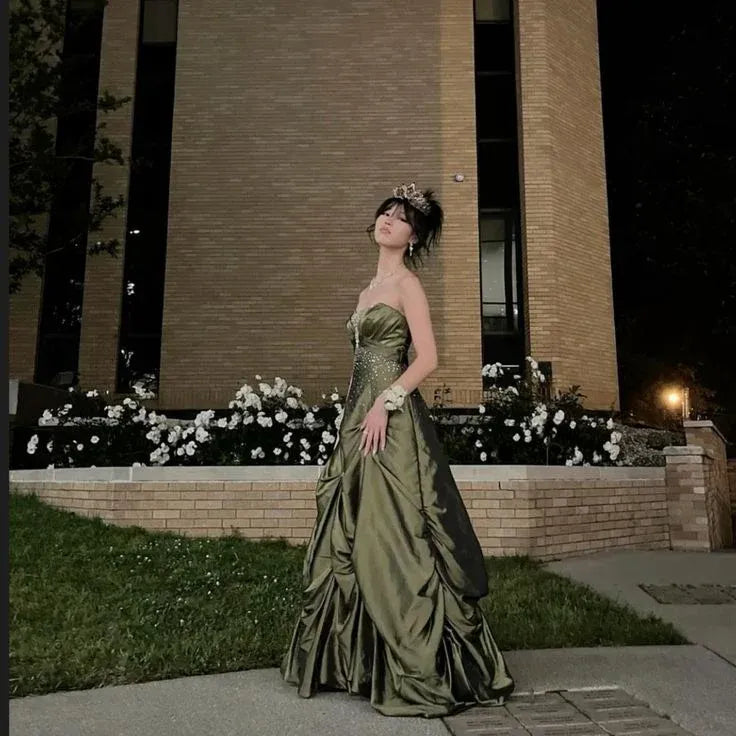 Regal Ball-Gown Strapless Beaded Gathered Satin Olive Floor-Length Prom Dress