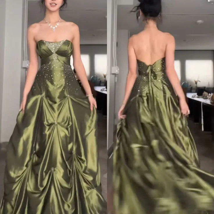 Regal Ball-Gown Strapless Beaded Gathered Satin Olive Floor-Length Prom Dress