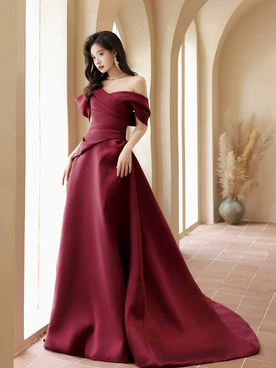 Regal Ball Gown Off-the-shoulder Cap-sleeved Satin Burgundy Maxi Prom Dress for Women Custom