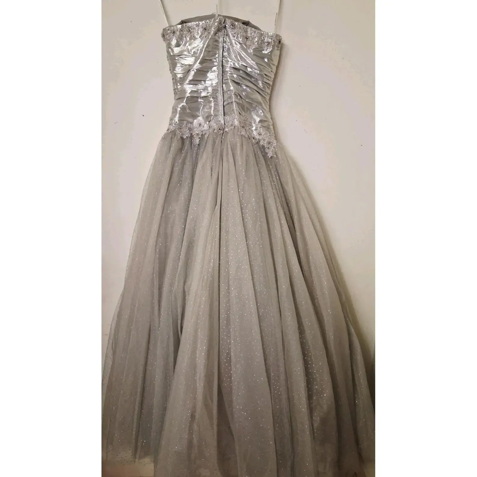 Regal Ball Gown Strapless Glitter Metallic Silver Floor-Length Prom Dress With Applique
