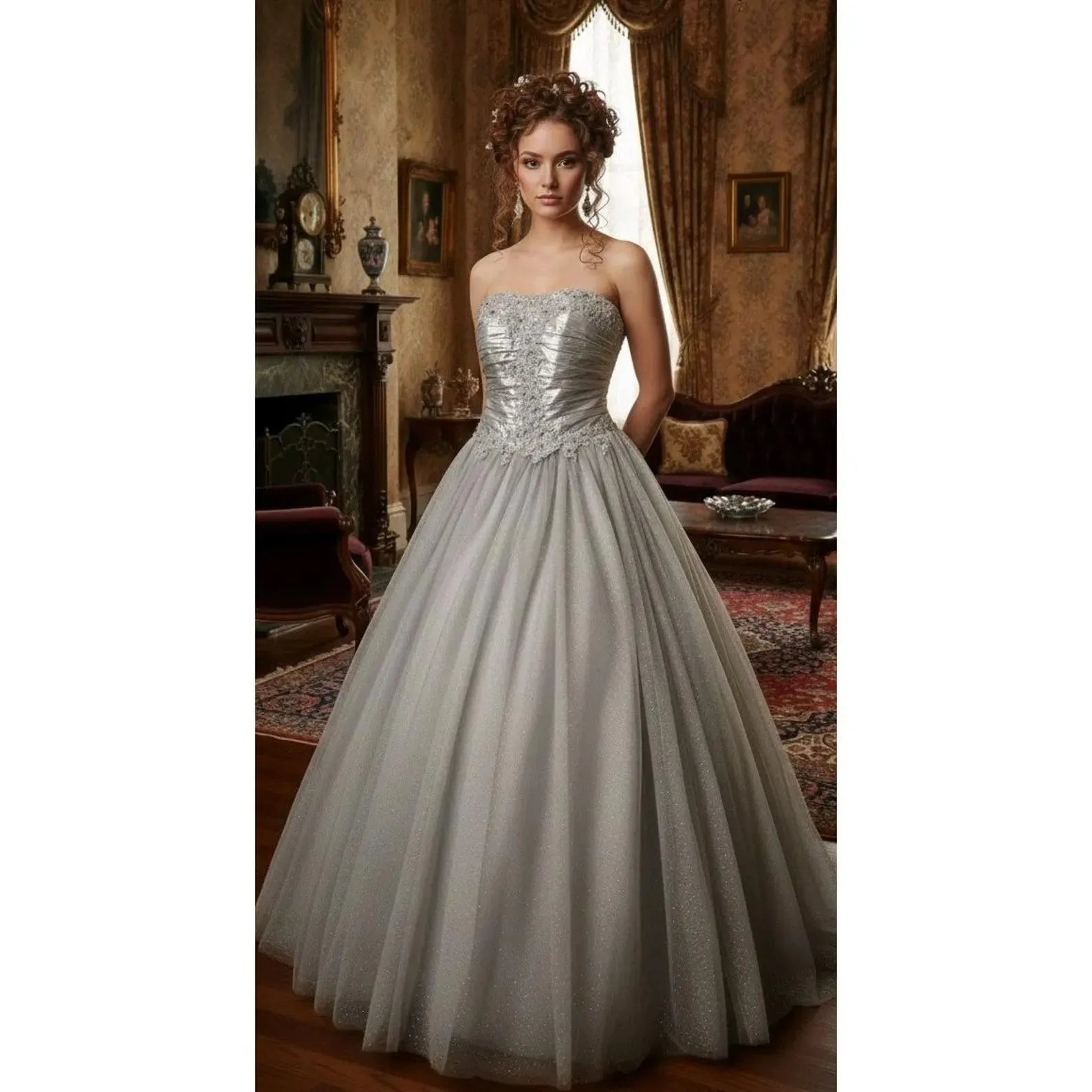 Regal Ball Gown Strapless Glitter Metallic Silver Floor-Length Prom Dress With Applique