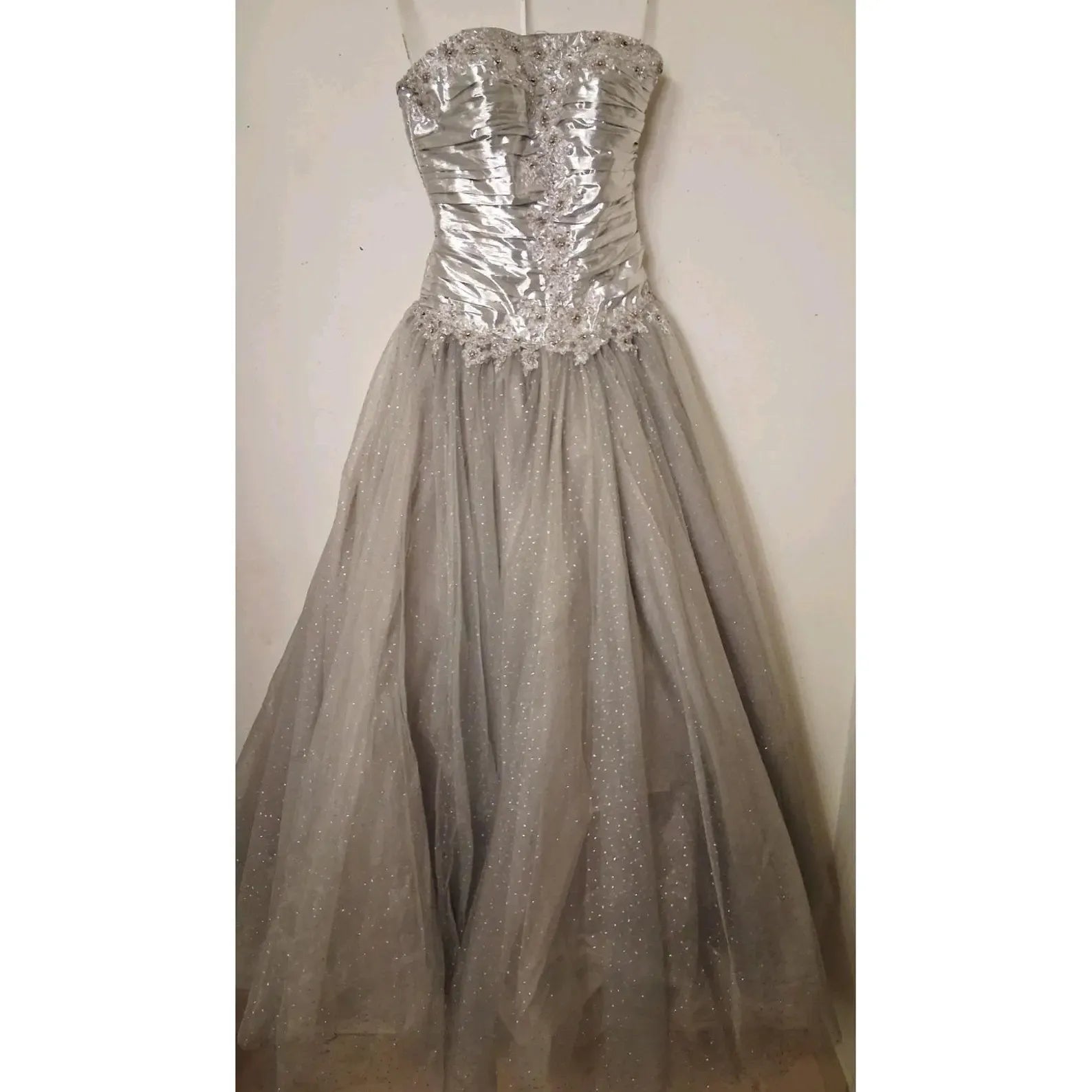 Regal Ball Gown Strapless Glitter Metallic Silver Floor-Length Prom Dress With Applique