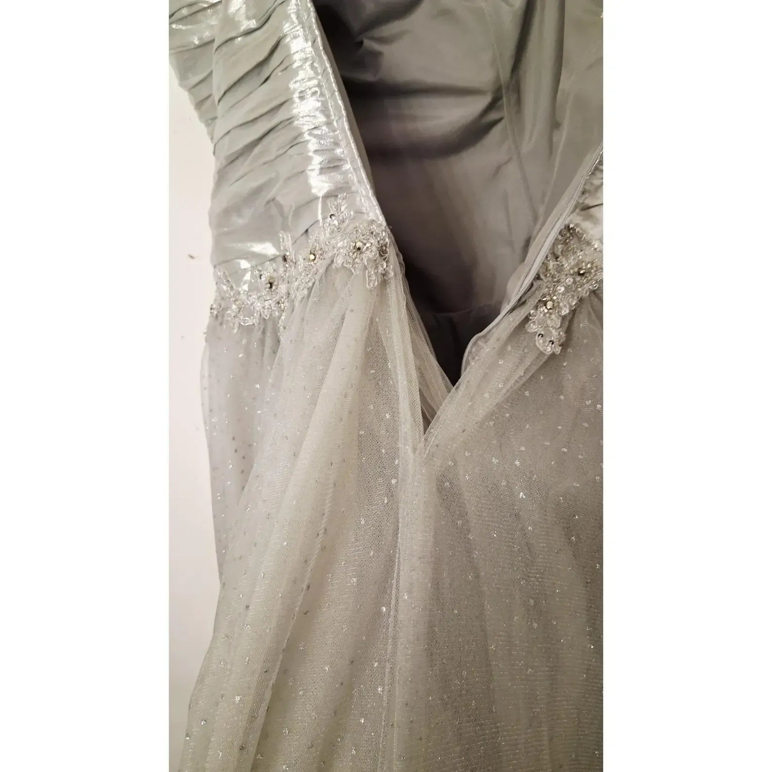 Regal Ball Gown Strapless Glitter Metallic Silver Floor-Length Prom Dress With Applique