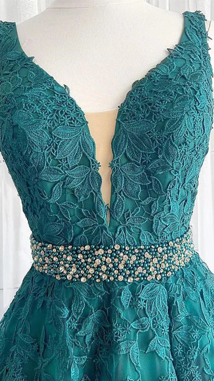 Regal Ball Gown V-Neck Lace-Embellished Teal Maxi Prom Dress for Women ready to ship