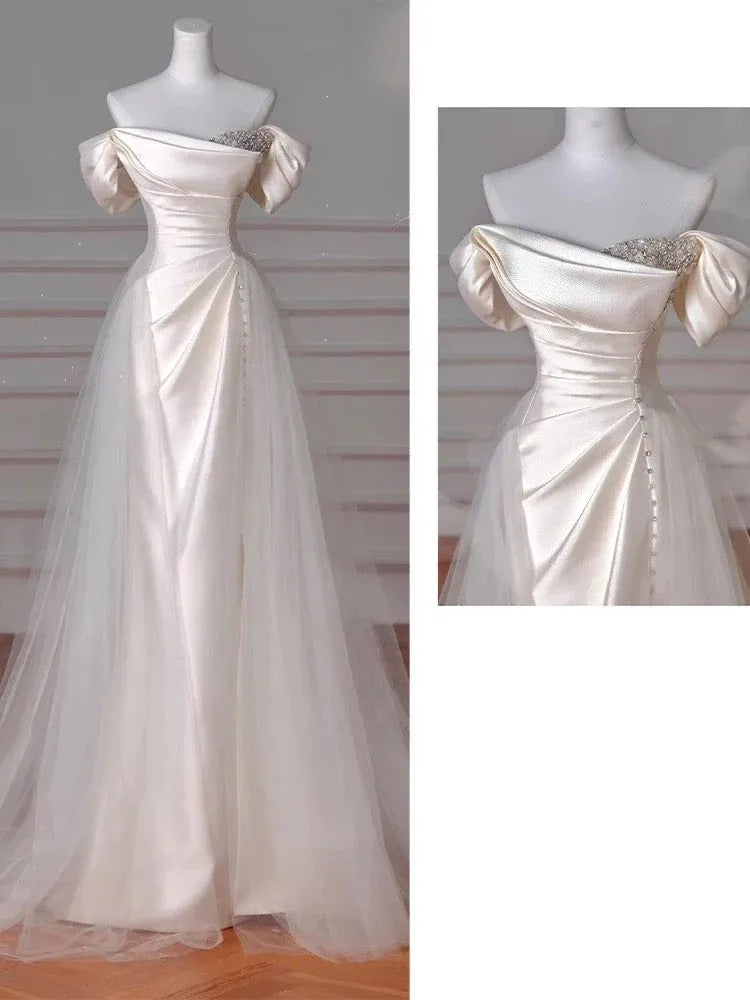 Regal Ballgown Off-Shoulder Beaded Tulle Ivory Floor-Length Evening Dress for Women
