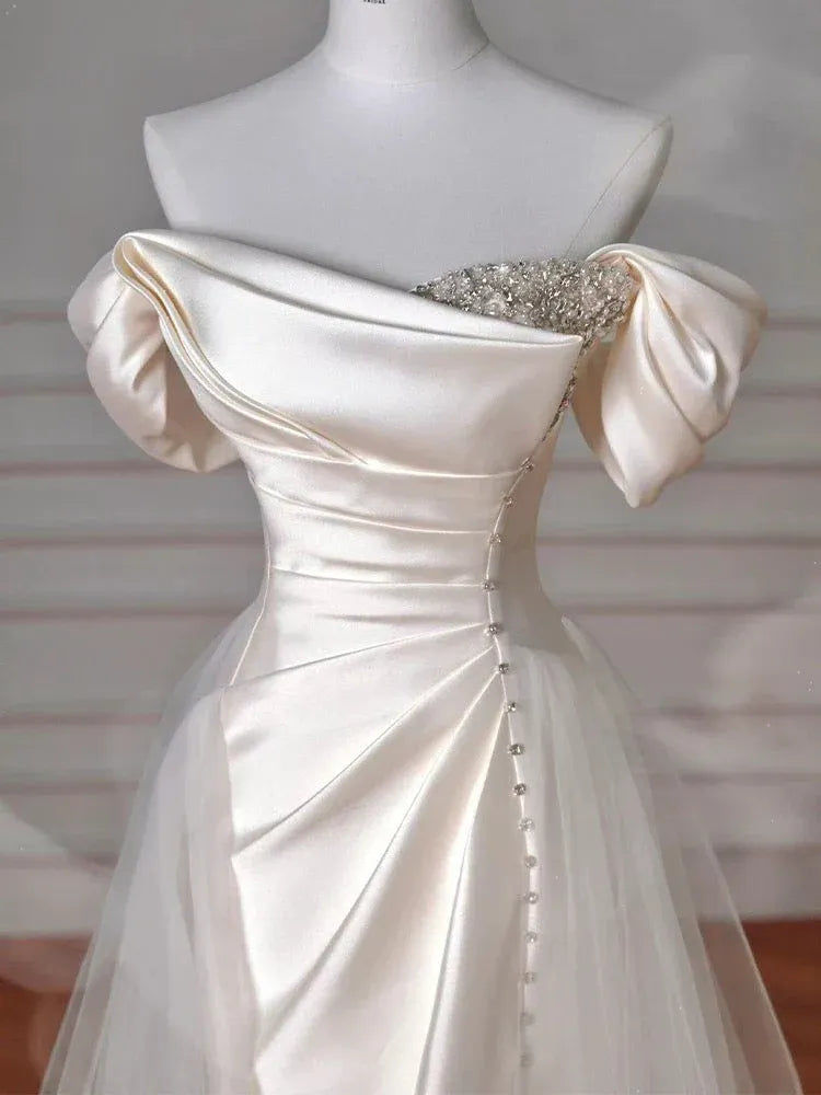 Regal Ballgown Off-Shoulder Beaded Tulle Ivory Floor-Length Evening Dress for Women