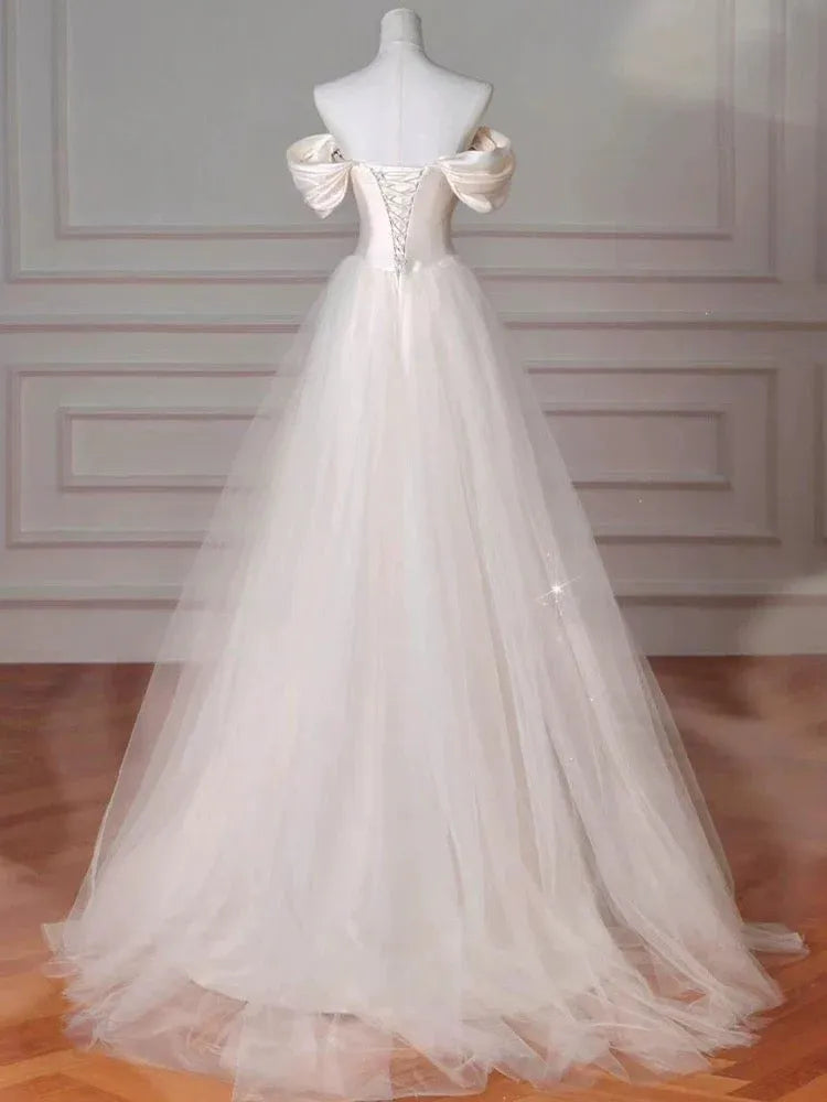 Regal Ballgown Off-Shoulder Beaded Tulle Ivory Floor-Length Evening Dress for Women