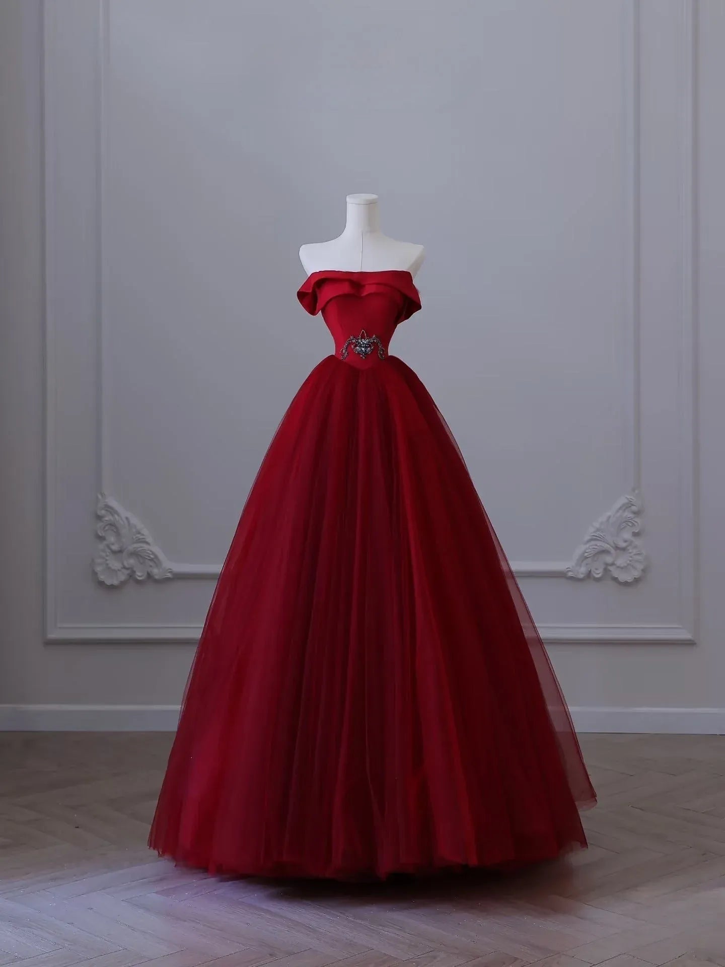 Regal Ballgown Off-Shoulder Crystal-Accent Red Long Prom Dress for Women Ready to Ship