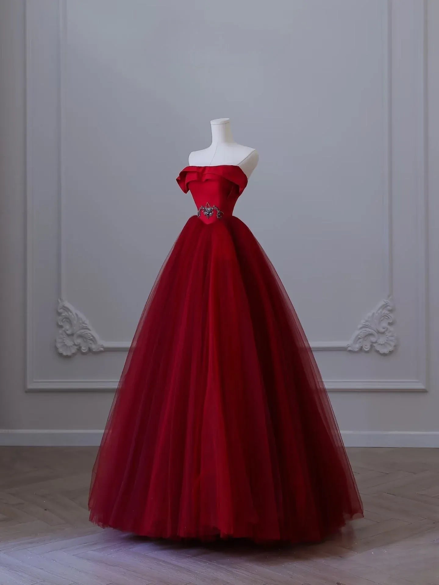Regal Ballgown Off-Shoulder Crystal-Accent Red Long Prom Dress for Women Ready to Ship