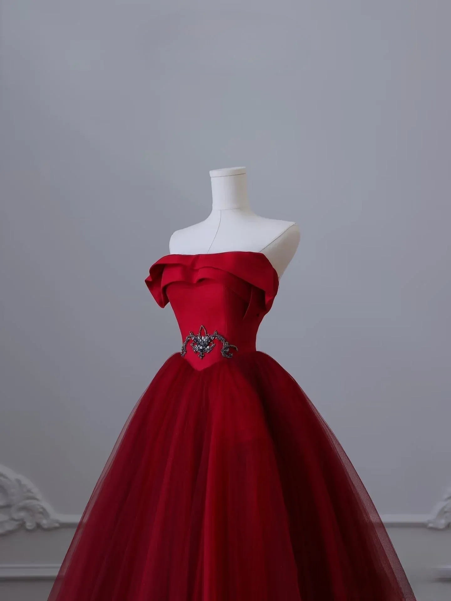 Regal Ballgown Off-Shoulder Crystal-Accent Red Long Prom Dress for Women Ready to Ship