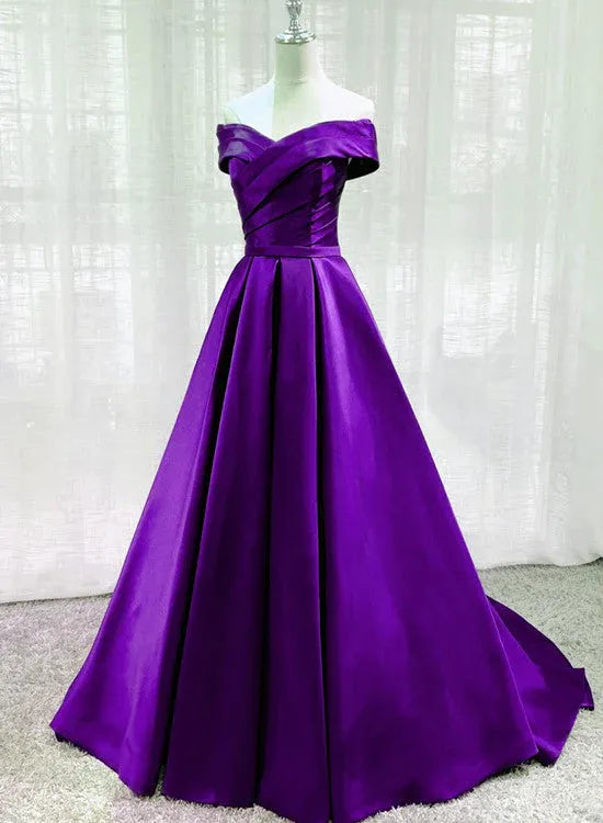 Regal Ballgown Off-Shoulder Draped Purple Long Prom Dress for Women Ready to Ship