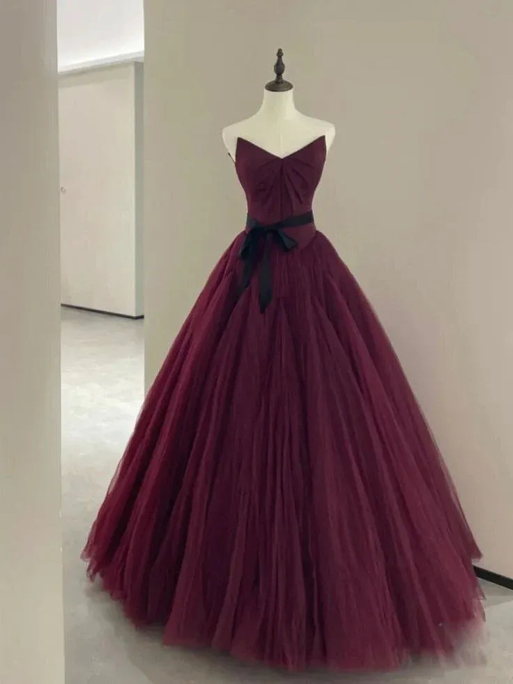 Regal Ballgown Sweetheart Sleeveless Bow-Accent Burgundy Long Prom Dress for Women Ready to Ship