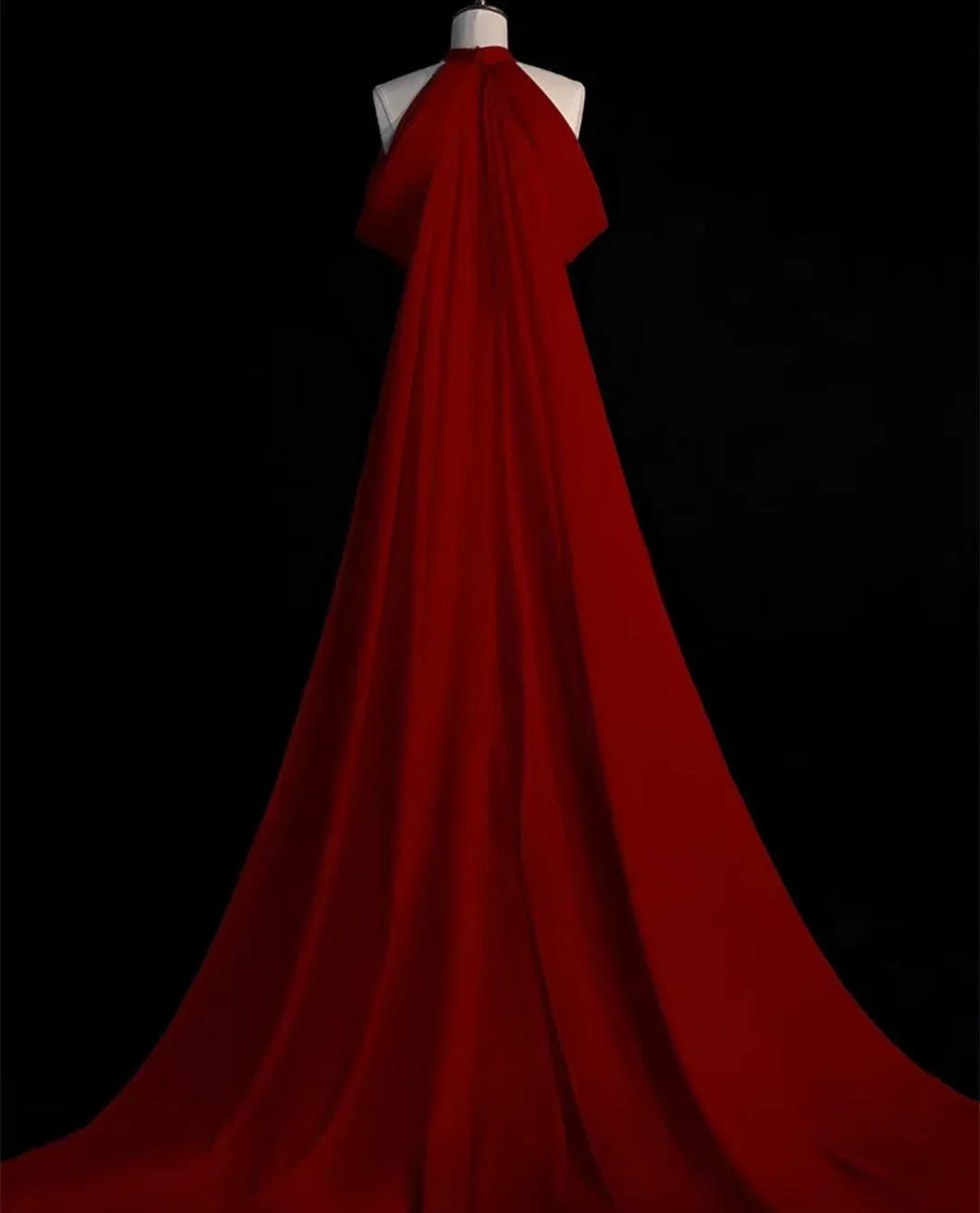 Regal Chiffon Long Evening Dress Red Halter-Neck Cape-Train for Women